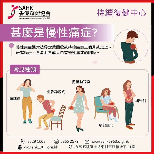 Before providing treatment, the The Continuing Rehabilitation Centre will first check the cause of the pain and conduct professional assessments for patients with chronic pain. Before providing treatment, the The Continuing Rehabilitation Centre will first check the cause of the pain and conduct professional assessments for patients with chronic pain.